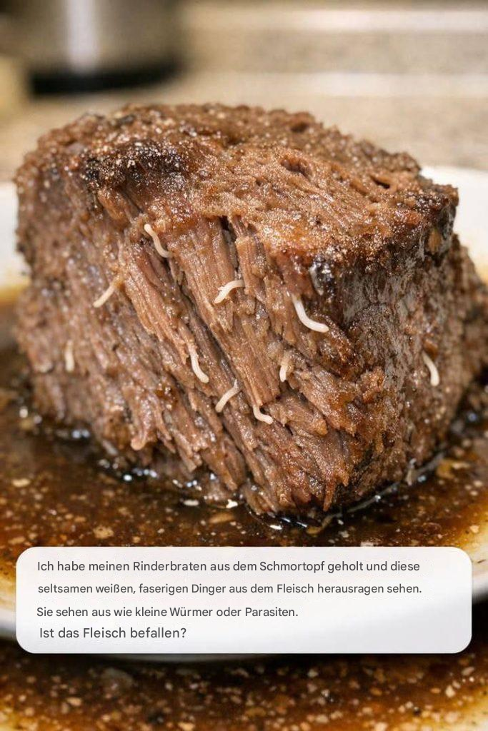 Ich habe meinen Rinderbraten aus dem Schmortopf geholt und dabei seltsame, weiße, faserige Dinger entdeckt, die aus dem Fleisch herausragten. Sie sehen aus wie kleine Würmer oder Parasiten. Ist das Fleisch befallen?