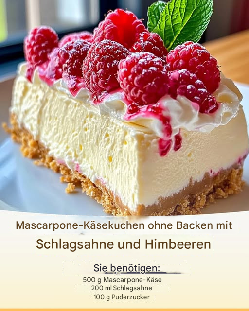Mascarpone-Käsekuchen ohne Backen mit Schlagsahne und Himbeeren