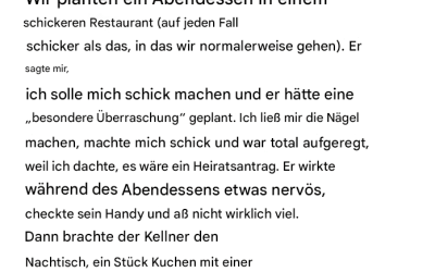 In der Nacht, als ich dachte, er würde mir einen Antrag machen, machte er Witze, also gab ich ihm einen zurück.