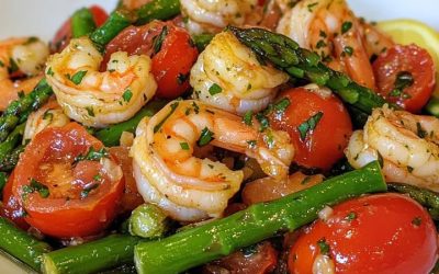 Knoblauchgarnelen mit frischen Tomaten und grünem Spargel