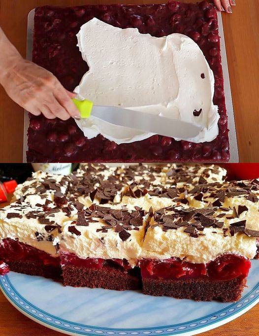 Schwarzwälder Pudding Blechkuchen mit 2 Gläser Sauerkirschen
