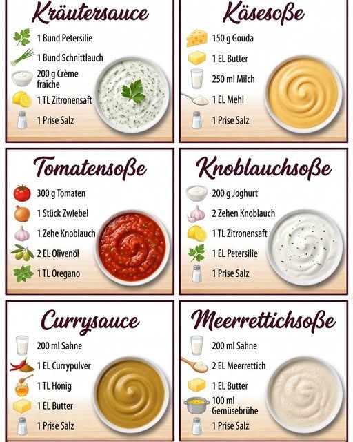 Sechs. Kräuter-, Käse-, Tomaten-, Knoblauch-, Curry- & Meerrettichsoße