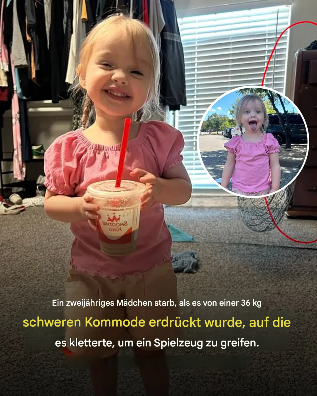 Ein zweijähriges Mädchen starb, nachdem es von einer 36 kg schweren Kommode erdrückt wurde, auf die es geklettert war, um an ein Spielzeug zu gelangen.