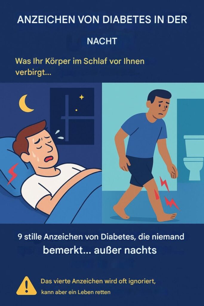 Kennen Sie die Anzeichen von Diabetes, die nachts auftreten können? Das Verständnis der Symptome dieses häufigen, aber ernsten Gesundheitsproblems kann entscheidend sein. Heute untersuchen wir die subtilen, aber signifikanten Anzeichen von Diabetes, die oft nachts auftreten.  Kaufen Sie Vitamine und Nahrungsergänzungsmittel 1. Häufiges Wasserlassen Eines der ersten Symptome von Diabetes ist häufig vermehrtes Wasserlassen. Wenn Sie nachts mehrmals aufwachen, um Ihre Blase zu entleeren, kann Ihr Schlafrhythmus gestört sein, was ein Anzeichen für Diabetes sein kann. Bei Diabetes sammelt sich überschüssiger Zucker (Glukose) in Ihrem Blutkreislauf an. Ihre Nieren müssen härter arbeiten, um diesen überschüssigen Zucker zu filtern und aufzunehmen.  Wenn die Nieren nicht mithalten können, wird die zusätzliche Glukose über den Urin ausgeschieden, wodurch Flüssigkeit aus Ihrem Gewebe gezogen wird und die Häufigkeit des Wasserlassens zunimmt.  2. Nachtschweiß Nachtschweiß ist ein weiteres relevantes Symptom. Wenn Sie häufig mitten in der Nacht schweißgebadet aufwachen, könnte dies ein Anzeichen für Diabetes sein. Nachtschweiß entsteht in der Regel durch einen niedrigen Blutzuckerspiegel in der Nacht, der sogenannten nächtlichen Hypoglykämie.