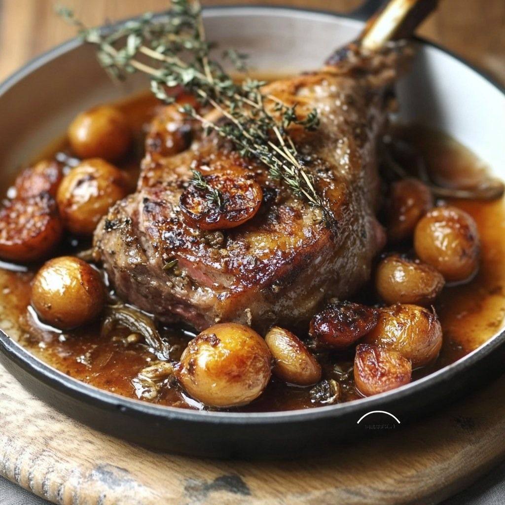 Gebratene Lammschulter mit Thymian und konfiertem Knoblauch