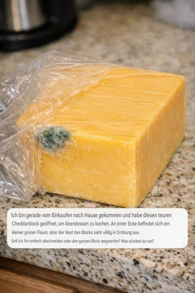 Ich bin gerade vom Einkaufen zurückgekommen und habe diesen teuren Cheddar-Block geöffnet, um Abendessen zu kochen. An einer Ecke ist ein kleiner grüner Flaum, aber der