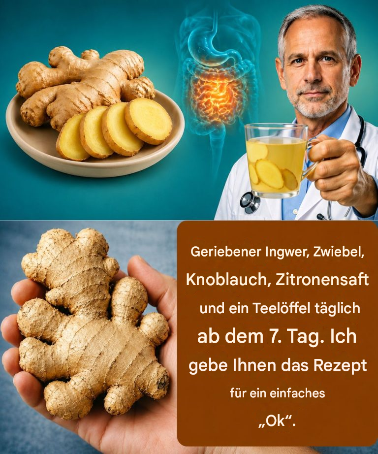 Geriebener Ingwer, Zwiebel, Knoblauch, Zitronensaft und ein Teelöffel pro Tag ab Tag 7. Ich gebe Ihnen das Rezept für ein einfaches „OK“.