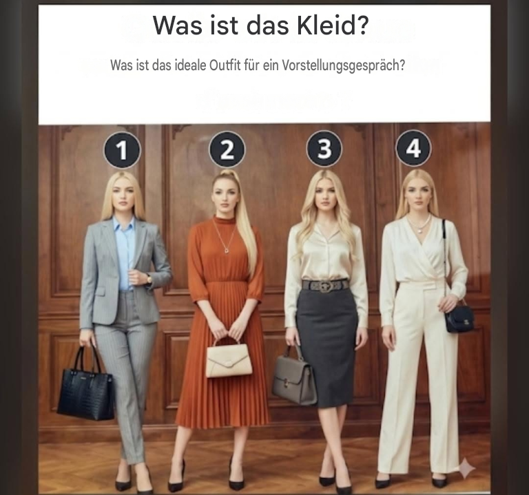 Was ist das ideale Outfit für ein Vorstellungsgespräch? Optionen 1, 2, 3 und 4: Vergleichen Sie die Beispiele und wählen Sie dasjenige aus, das am besten zu Ihnen passt.