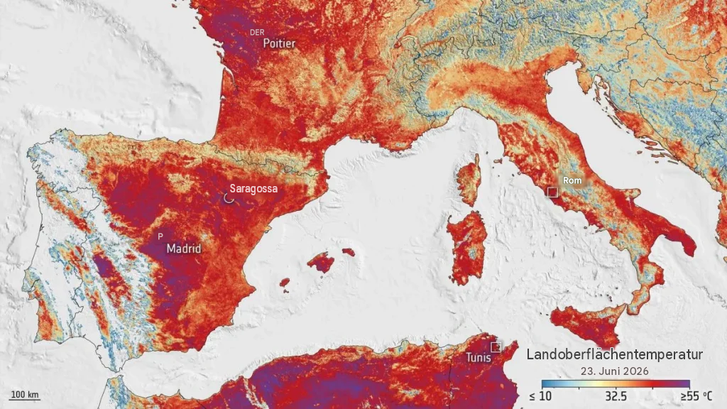 Die Bodentemperaturen in Europa liegen über 55 °C. ESA: „In Rom wurden 44 °C gemessen.“ Eine Karte der heißesten Orte.