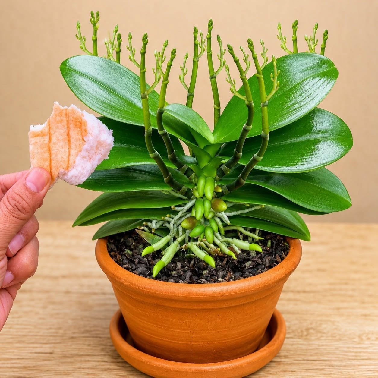 Legt man ein Stück davon unter eine Orchidee, sprießen 100 neue Triebe und die Pflanze blüht das ganze Jahr über!
